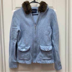 Crazy Horse Liz Claiborne Co 100% Lambs Wool Faux Fur Trim Hooded Zip Up Sweater